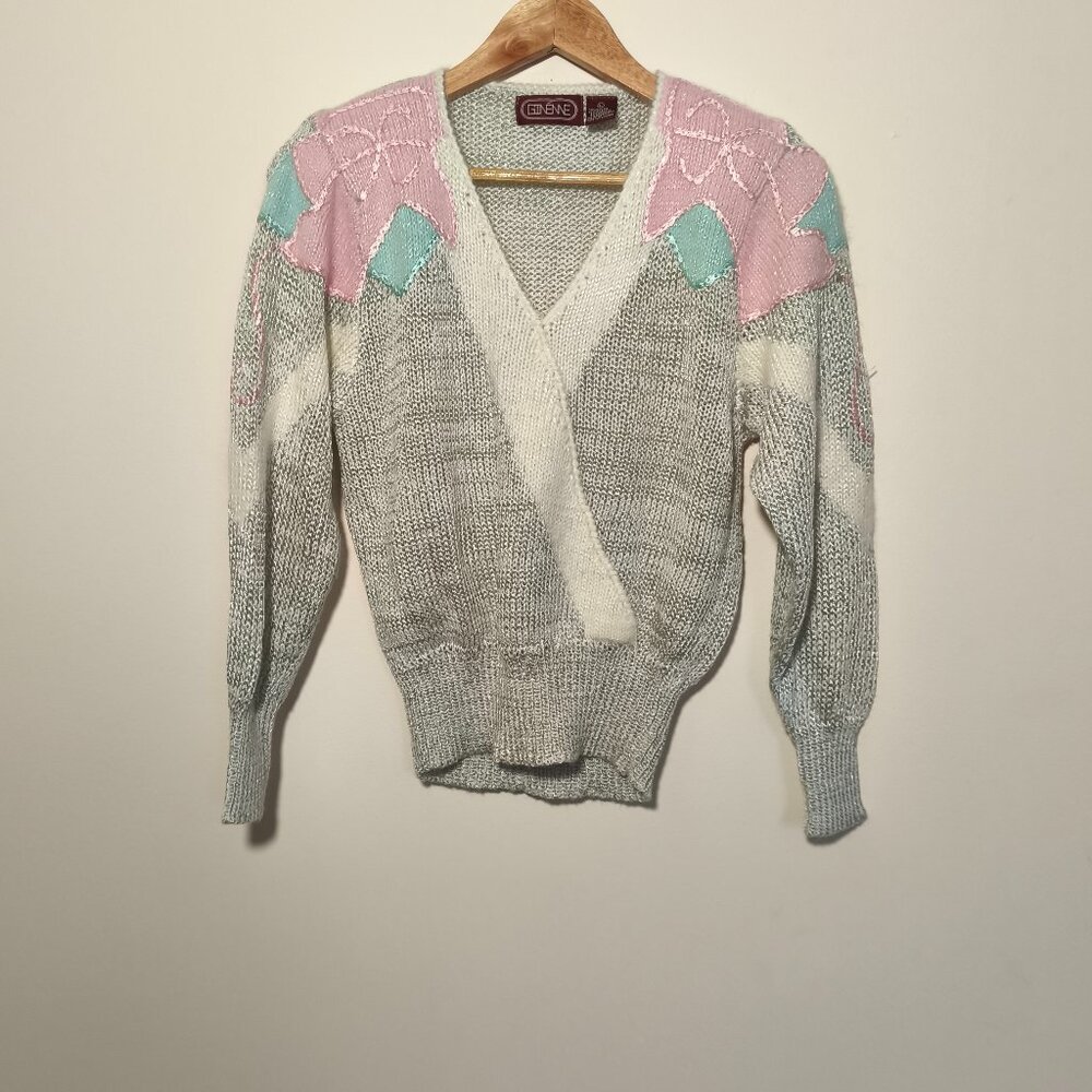 80s Ginenne Faux Wrap Embroidered Lambswool Angora Sweater sz S/M Ivory Pink